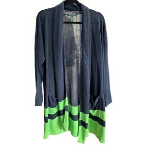 Lauren Ralph Lauren sz 1X linenblend navy/green pockets long line open cardigan